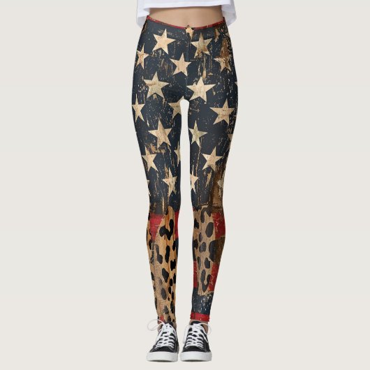 Leggings Drapeau américain rustique imprimé léopard (3) (Devant)