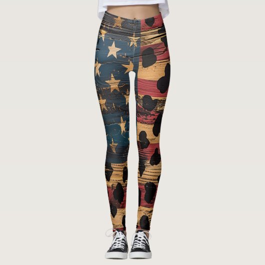 Leggings Drapeau américain rustique imprimé léopard (4) (Devant)