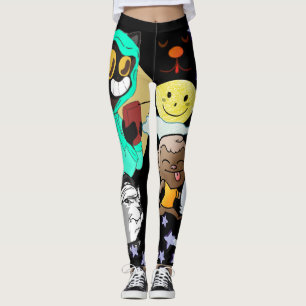 Leggings Drôle caricatures noir jaune vert étoiles
