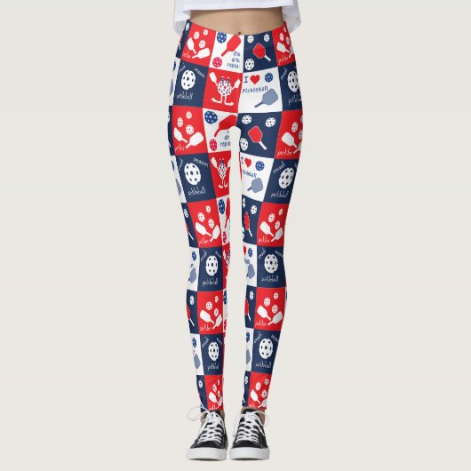 Leggings Drôle Motif de Picklleball - Rouge-Blanc-Bleu (Devant)