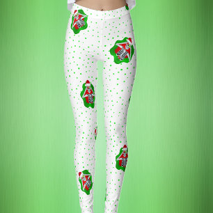 Leggings Drôle Skeleton Santa Hat Red Green Dots sur Blanc