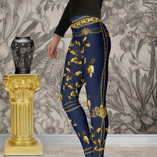 Leggings Duchess Gold Leaf Chain Lion Emblem Navy Blue