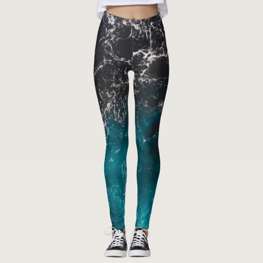 Leggings Eau sombre noire bleu mousse ondulée (Devant)