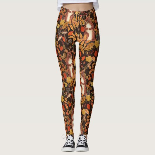 Leggings Écureuils automnaux et flore sur brun foncé (Devant)