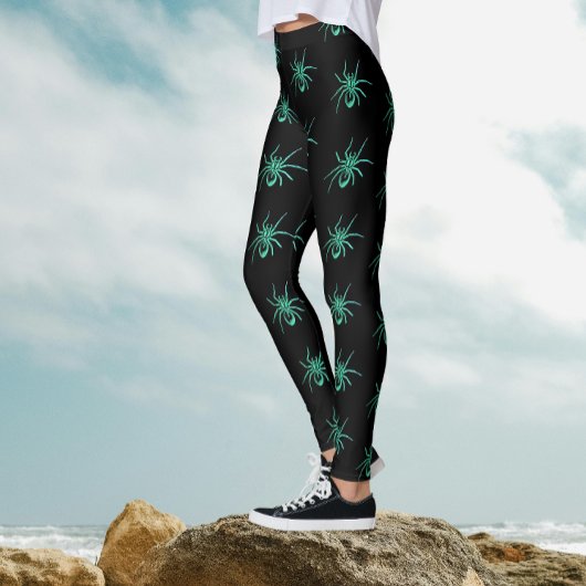 Leggings Éffrayant Goth Green Black Spiders Motif Halloween
