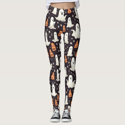 Leggings Éffrayant Halloween Petits Fantômes Noir Orange Bl (Devant)