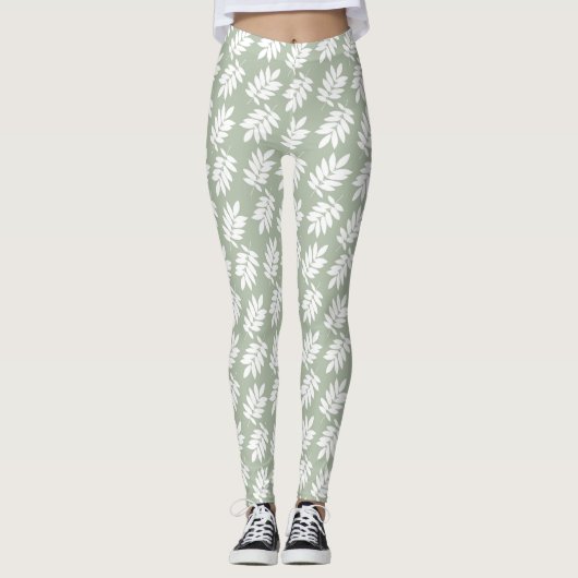 Leggings Elder Leaf Pattern White on Green (Devant)