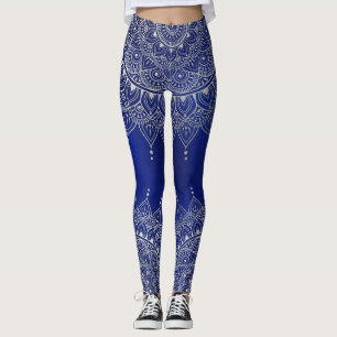 Leggings Elégant argent sur le bleu profond floral Henna M