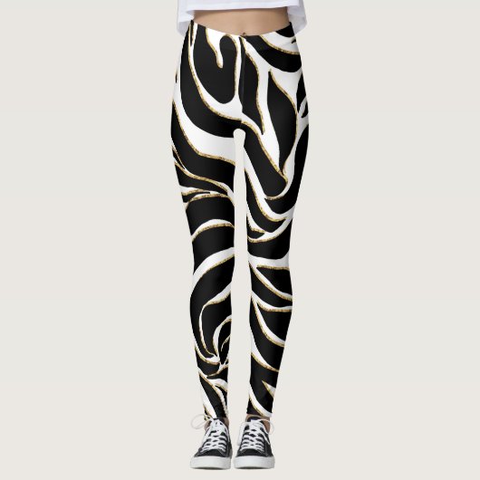 Leggings Elégant Black Gold Zebra Poster de animal blanc (Devant)