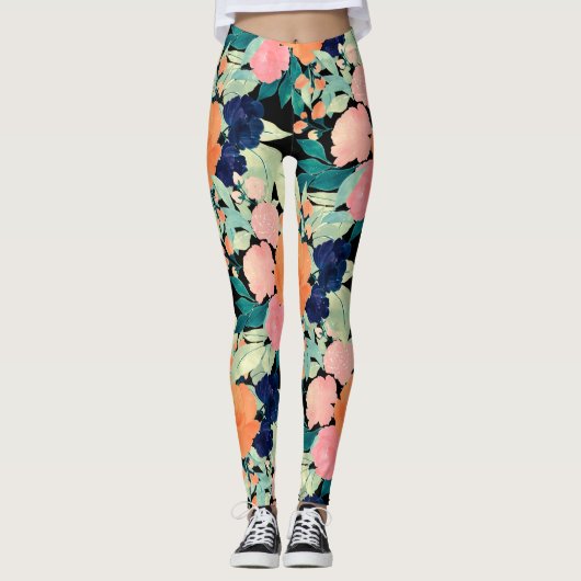 Leggings Elégant bleu rose orange Fleurs noir floral (Devant)