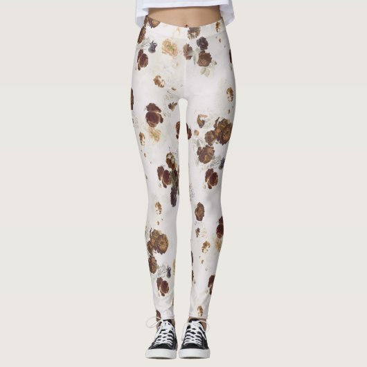 Leggings Elégant chic Beige Brown Rose Floral Toile (Devant)