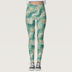 Leggings Elégant Corail Or & Coquillages Aquarelle Art (2)
