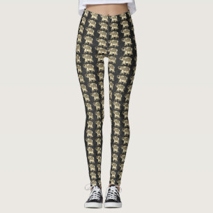 Leggings Elégant Eléphants Floraux Paisley Or, Damas Noir