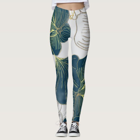 Leggings Elegant Leaves of Blue With Gold Lines Botanical (Devant)