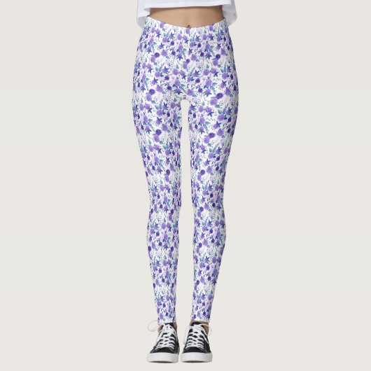 Leggings Élégant Lilac Violet Floral Sur Blanc (Devant)