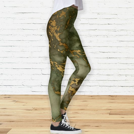 Leggings Élégant Marbre Vert Olive et Or