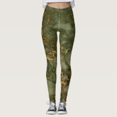 Leggings Élégant Marbre Vert Olive et Or (Devant)
