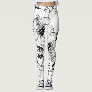 Leggings Élégant motif d'art en ligne florale noir et blanc