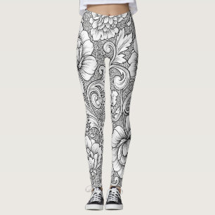 Leggings Élégant motif d'art en ligne florale noir et blanc