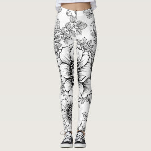 Leggings Élégant motif d'art en ligne florale noir et blanc