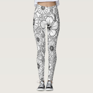 Leggings Élégant motif d'art en ligne florale noir et blanc