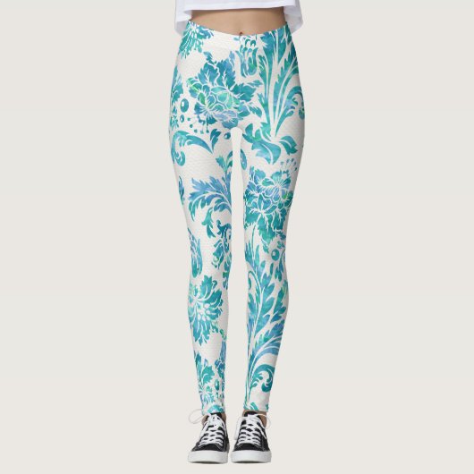 Leggings Élégant motif de Damas bleu (Devant)