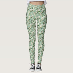 Leggings Elégant Motif en fleurs blanches sur Pastel Sage G