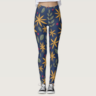 Leggings Elégant motif floral jaune sur bleu