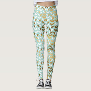 Leggings Élégant Motif Gold Green Leaf