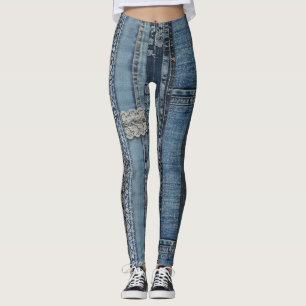 Leggings Élégant Motif Indigo Lace Stripe Denim (2)