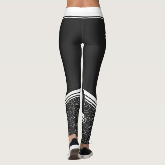 Leggings Élégant noir floral blanc rayures et nom moderne (Dos)