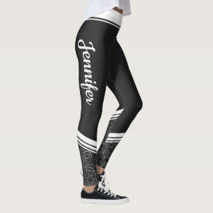 Leggings Élégant noir floral blanc rayures et nom moderne
