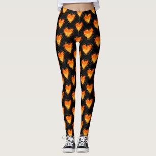 Leggings Élégant Noir Orange Coeur Valentines motif