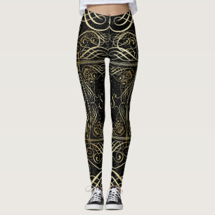 Leggings Élégant or Foil Look Scrollwork Script sur noir