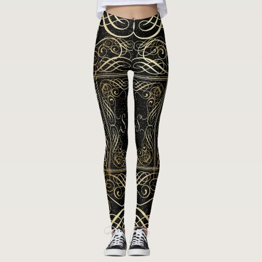 Leggings Élégant or Foil Look Scrollwork Script sur noir (Devant)