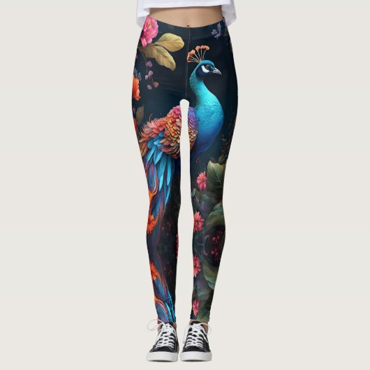 Leggings Elégant paon bleu dans Jardin coloré (Devant)