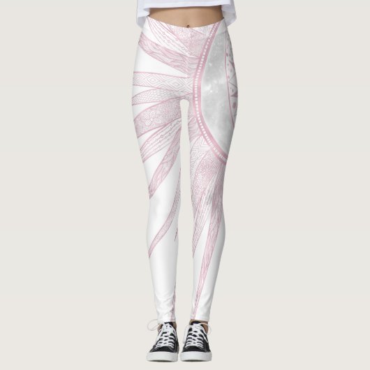 Leggings Elégant rose Sun Moon Doodle Mandala White Design (Devant)