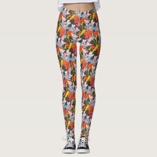Leggings Elégant rouge jaune bleu rose Fleur Noir