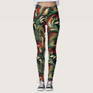 Leggings Élégant Rouge, Vert & Or Abstrait Feuilles de marg