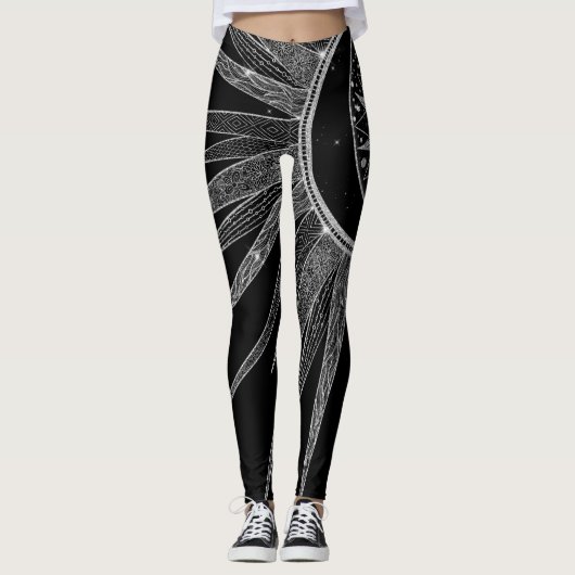 Leggings Elégant Silver Sun Moon Mandala Black Design (Devant)