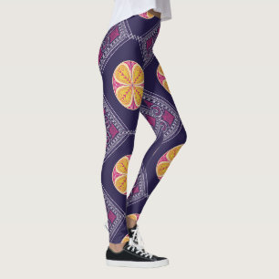 Leggings Élégant tissu pourpre avec motif floral jaune