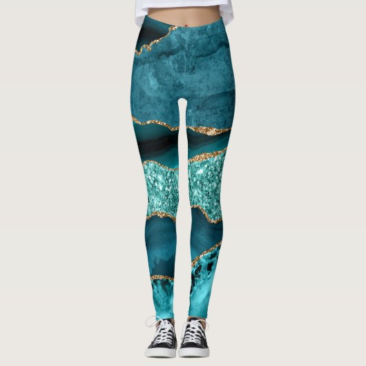 Leggings Elégant Turquoise et Parties scintillant or Ocean  (Devant)