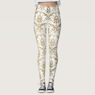 Leggings Elégant vintage blanc faux or damas floral