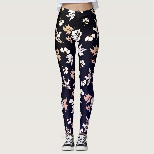 Leggings Elégante Colombe Et Fleurs En Arrière - plan Sombr (Devant)