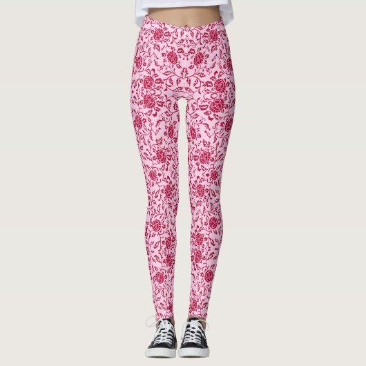 Leggings Elégante Fleur rose et rouge Damas (Devant)
