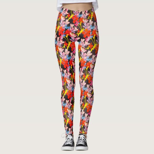 Leggings Élégante Fleur Rouge Jaune Et Bleue (Devant)