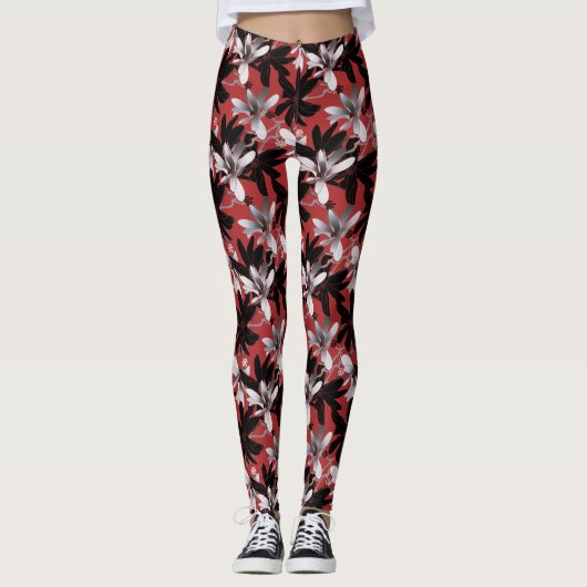 Leggings Elégante Fleurs d'Argent Noir Blanc Bourgogne (Devant)