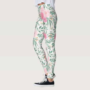 Leggings Elégante Fleurs Roses Blanches Aquarelle Florale