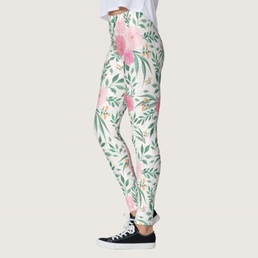 Leggings Elégante Fleurs Roses Blanches Aquarelle Florale (Gauche)