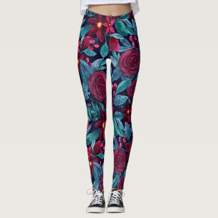 Leggings Elégante marine Bourgogne Noël Floral Aquarelle